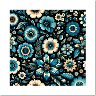 Blue Floral Pattern Posters and Art
